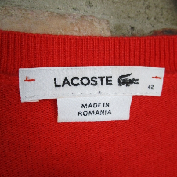 Lacoste Poppy Orange Cashmere V Neck Sweater 42 L F70248 Golf - Picture 4 of 7